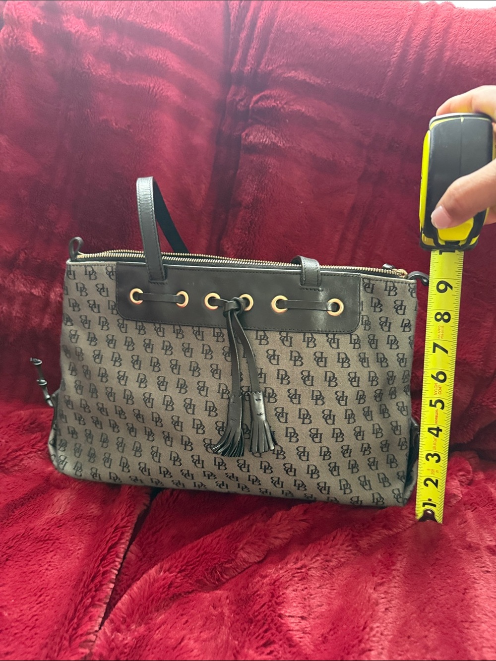 Dooney & Bourke Gray and Black Monogram Tote Bag with Tassel Accent